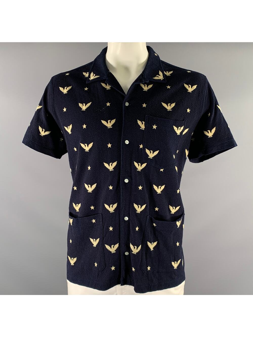 RRL by RALPH LAUREN Size XL Navy Cream Animal Print Cotton Short Sleeve Shirt